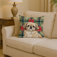 Fawn Pekingese Christmas PoinsettIas Throw Pillow