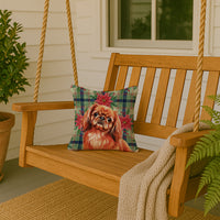 Red Pekingese Christmas PoinsettIas Throw Pillow