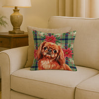 Red Pekingese Christmas PoinsettIas Throw Pillow