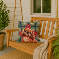 Red Pekingese Christmas PoinsettIas Throw Pillow