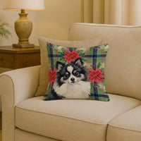 Black and White Pomeranian Christmas PoinsettIas Throw Pillow