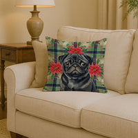 Black Pug Christmas PoinsettIas Throw Pillow