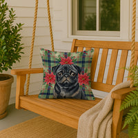 Black Pug Christmas PoinsettIas Throw Pillow