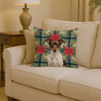 Chocolate and White Rat Terrier Christmas PoinsettIas Throw Pillow