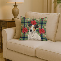 White with Black Markings Russell Terrier Christmas PoinsettIas Throw Pillow