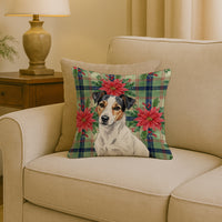 White with Black Markings Russell Terrier Christmas PoinsettIas Throw Pillow