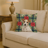 White with Tan Markings Russell Terrier Christmas PoinsettIas Throw Pillow