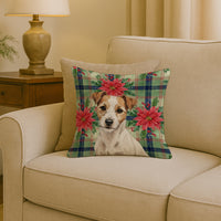 White with Tan Markings Russell Terrier Christmas PoinsettIas Throw Pillow