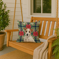 White with Tan Markings Russell Terrier Christmas PoinsettIas Throw Pillow