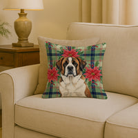 Brindle and White Saint Bernard Christmas PoinsettIas Throw Pillow