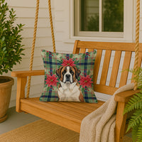 Brindle and White Saint Bernard Christmas PoinsettIas Throw Pillow