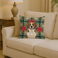 Brown and White Saint Bernard Christmas PoinsettIas Throw Pillow