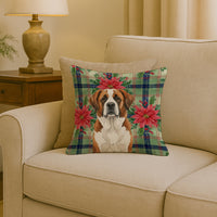 Brown and White Saint Bernard Christmas PoinsettIas Throw Pillow