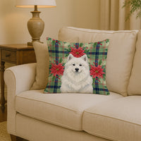 White Samoyed Christmas PoinsettIas Throw Pillow