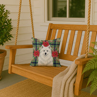 White Samoyed Christmas PoinsettIas Throw Pillow