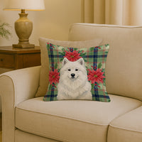 White Samoyed Christmas PoinsettIas Throw Pillow