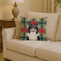Tricolor Sheltie Christmas PoinsettIas Throw Pillow