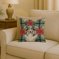 Blue Merle Sheltie Christmas PoinsettIas Throw Pillow