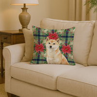 Cream Shiba Inu Christmas PoinsettIas Throw Pillow