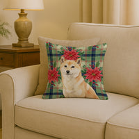 Cream Shiba Inu Christmas PoinsettIas Throw Pillow