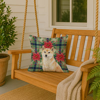 Cream Shiba Inu Christmas PoinsettIas Throw Pillow