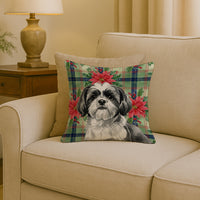 Black and White Shih Tzu Christmas PoinsettIas Throw Pillow