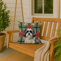 Black and White Shih Tzu Christmas PoinsettIas Throw Pillow
