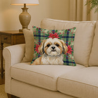 Gold and White Shih Tzu Christmas PoinsettIas Throw Pillow