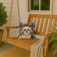 Gold and White Shih Tzu Christmas PoinsettIas Throw Pillow
