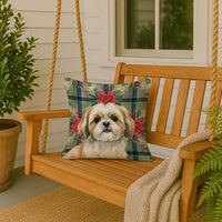 Gold and White Shih Tzu Christmas PoinsettIas Throw Pillow