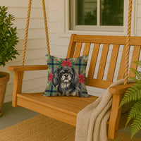 Black and Tan Tibetan Spaniel Christmas PoinsettIas Throw Pillow