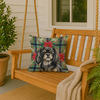 Black and Tan Tibetan Spaniel Christmas PoinsettIas Throw Pillow