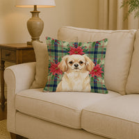 Cream Tibetan Spaniel Christmas PoinsettIas Throw Pillow