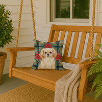 Cream Tibetan Spaniel Christmas PoinsettIas Throw Pillow