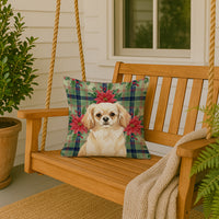 Cream Tibetan Spaniel Christmas PoinsettIas Throw Pillow