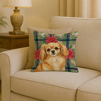 Gold Tibetan Spaniel Christmas PoinsettIas Throw Pillow