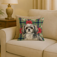 Grey and White Tibetan Spaniel Christmas PoinsettIas Throw Pillow