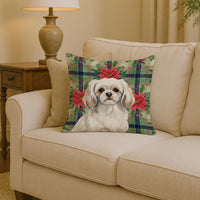 White Tibetan Spaniel Christmas PoinsettIas Throw Pillow
