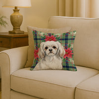 White Tibetan Spaniel Christmas PoinsettIas Throw Pillow