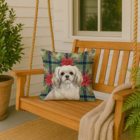 White Tibetan Spaniel Christmas PoinsettIas Throw Pillow