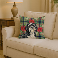Black and White Tibetan Terrier Christmas PoinsettIas Throw Pillow