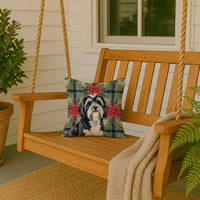 Black and White Tibetan Terrier Christmas PoinsettIas Throw Pillow