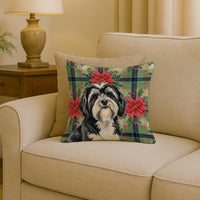 Black and White Tibetan Terrier Christmas PoinsettIas Throw Pillow