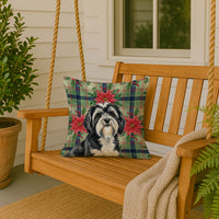 Black and White Tibetan Terrier Christmas PoinsettIas Throw Pillow