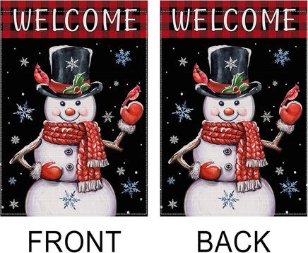 Christmas Garden Flag 12X18 Double Sided, Winter Christmas Snowman Yard Flag, Welcome Buffalo Plaid Farmhouse Vertical Burlap Christmas Flag, Holiday Seasonal Outdoor Decorations