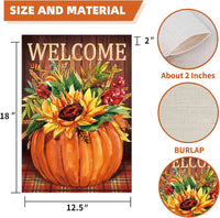 Hello Fall Garden Flag Buffalo Checkered Pumpkin Sunflower Decoration 12 X 18 Double Sided Outdoor Porch, Thanksgiving Farmhouse Lawn Decoration