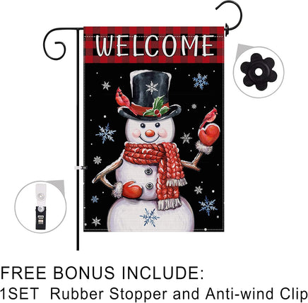Christmas Garden Flag 12X18 Double Sided, Winter Christmas Snowman Yard Flag, Welcome Buffalo Plaid Farmhouse Vertical Burlap Christmas Flag, Holiday Seasonal Outdoor Decorations