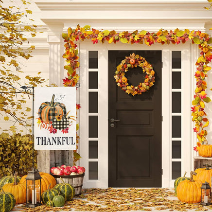 Fall Garden Flag 12×18 Inch, Buffalo Check Double Sided Pumpkin Garden Flag Fall Decor with Sunflowers for Yard House Fall Thanksgiving Pumpkin Front Porch Decor (Black Orange-12.5 X 18)