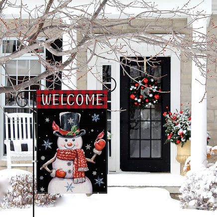 Christmas Garden Flag 12X18 Double Sided, Winter Christmas Snowman Yard Flag, Welcome Buffalo Plaid Farmhouse Vertical Burlap Christmas Flag, Holiday Seasonal Outdoor Decorations