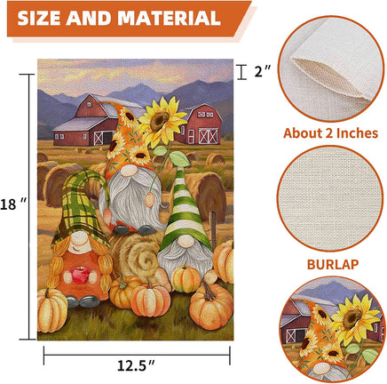 Gnome Fall Garden Flag 12X18 Double-Sided Autumn Garden Flag Farm Sunflower Harvest Vertical Lawn Sign Home Outdoor Decoration